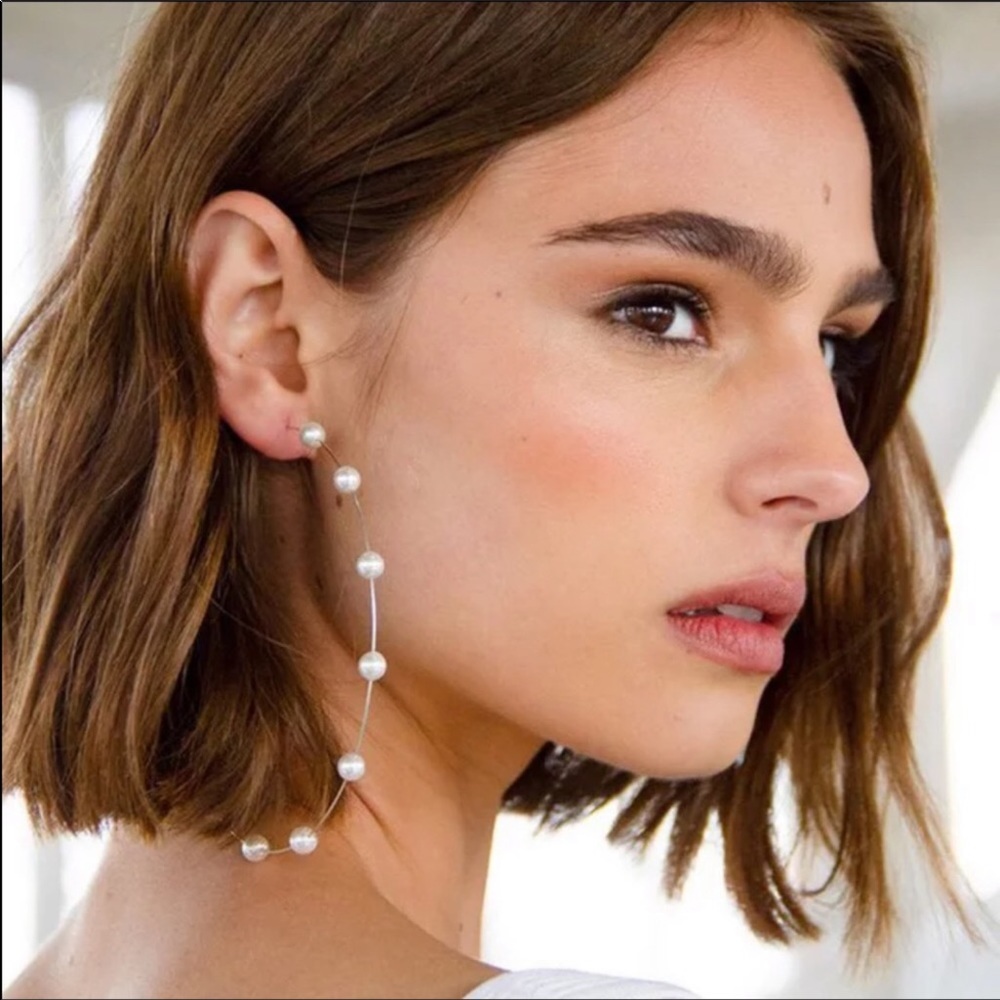 New Zara Large Threader Hoop Statement Earrings ~ Boho Pearl Accents ~ Hoops - Picture 9 of 14